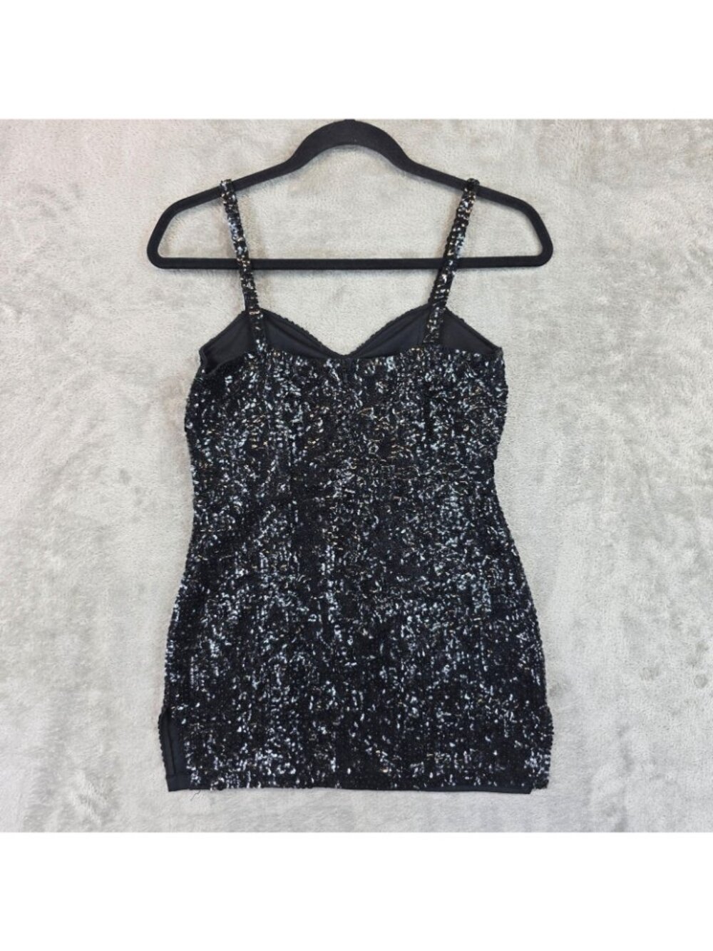 Dress Womens S Black Sequin Sweetheart Strappy Bodycon Mini Party Cocktail - Picture 2 of 8